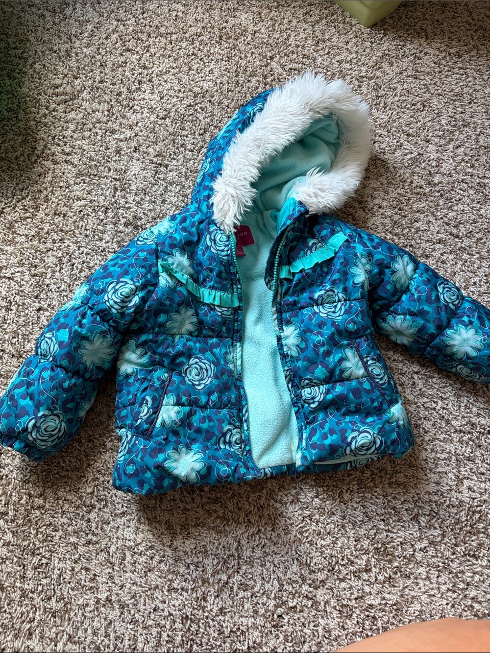 London Fog Teal Floral Faux-Fur Hooded Puffer Jacket